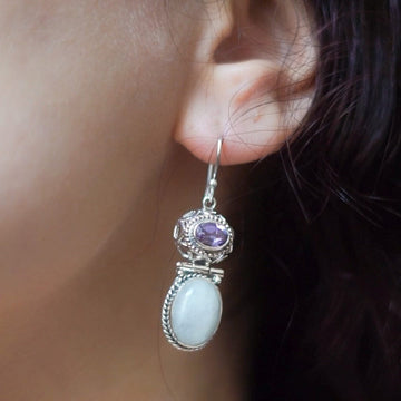 Rainbow Moonstone and Amethyst Dangle Earrings - Magic and Mysticism