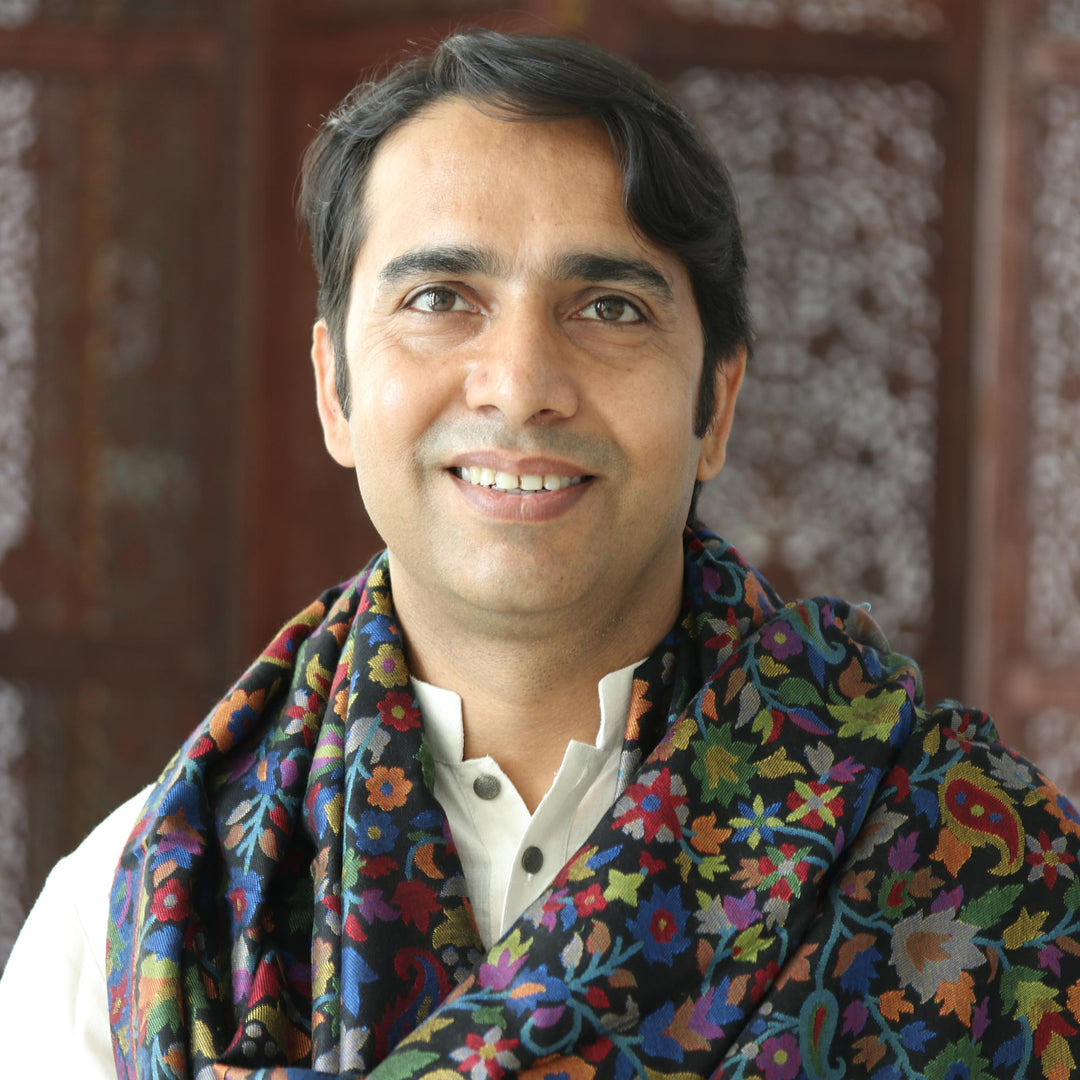 Richly Decorated India Floral Motif Handwoven Wool Shawl - Kani Midnight