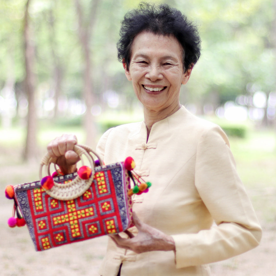 Traditional Elephant-Themed Floral Red Sling with Pompoms - Elephant's Joy