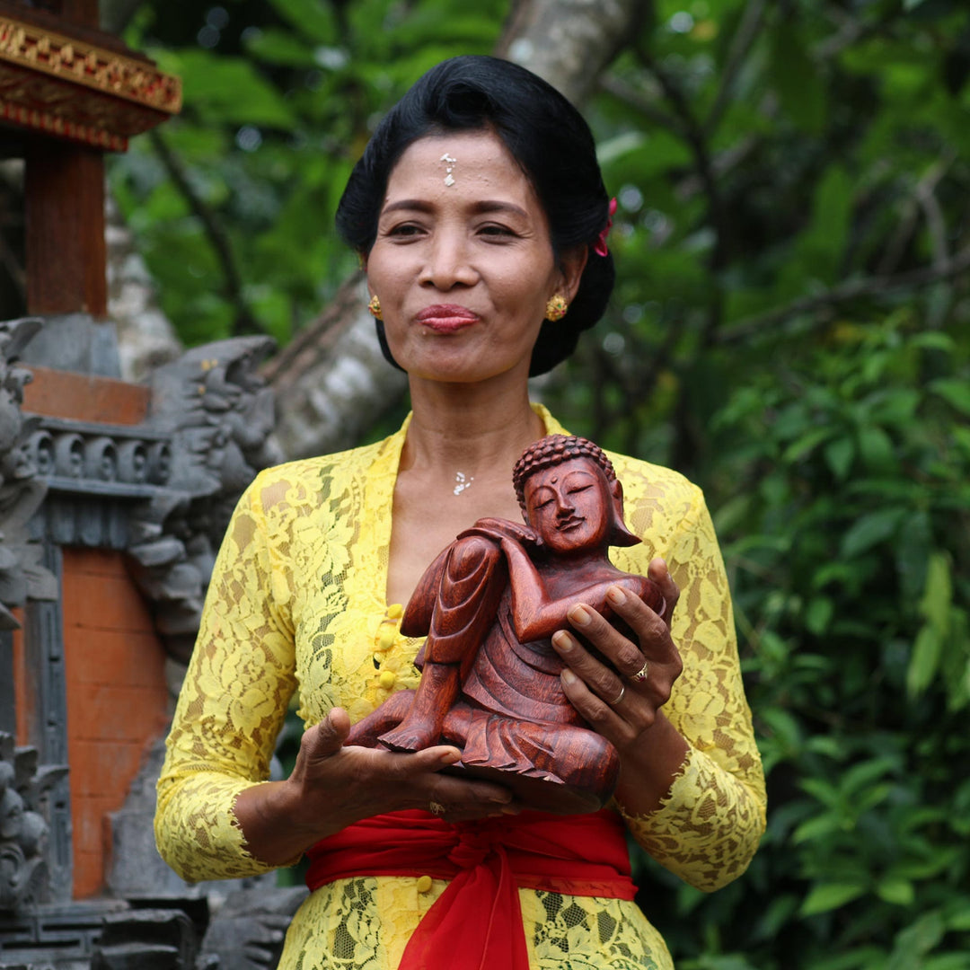 Lotus-Themed Round Suar Wood Relief Panel from Bali - One Lotus