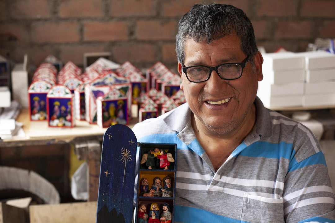Fair Trade Artisan-Made Wood and Ceramic Nativity Retablo - Caring for Baby Jesus