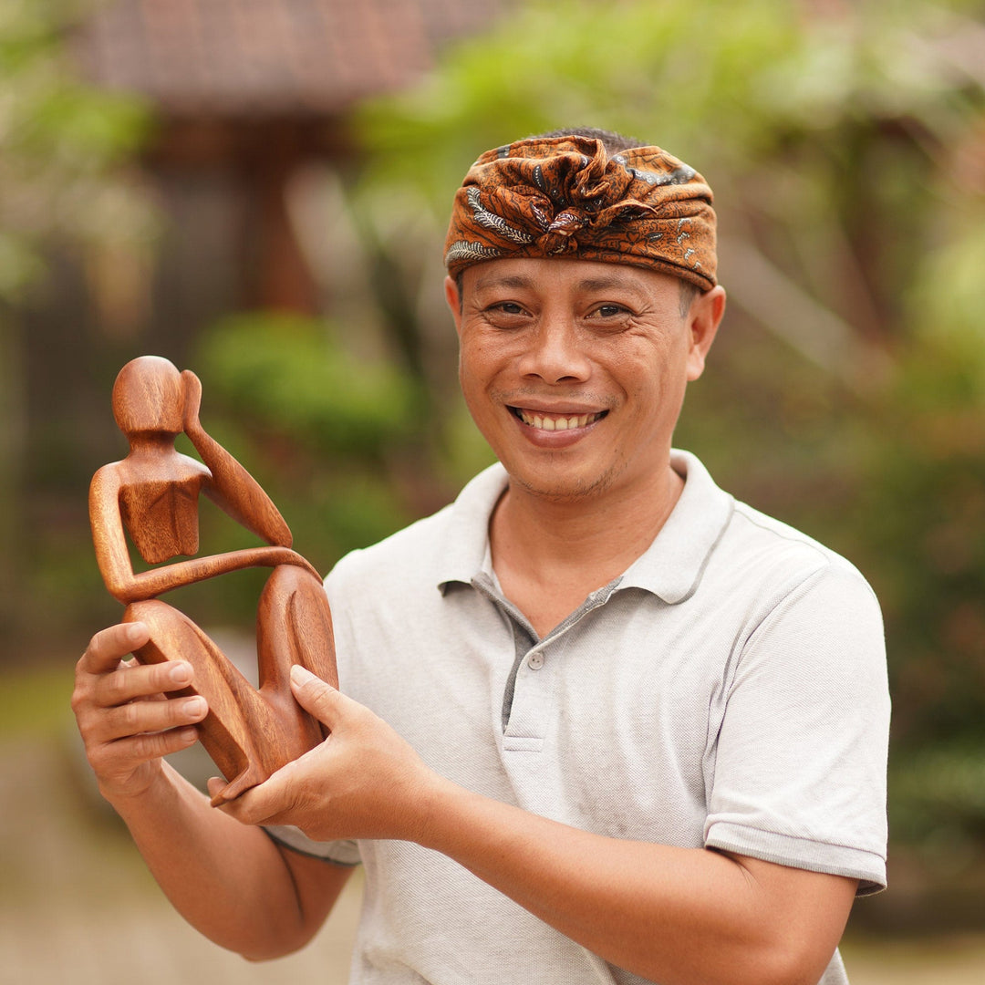 Hand-Carved Semi-Abstract Suar Wood Sculpture from Bali - Brief Repose