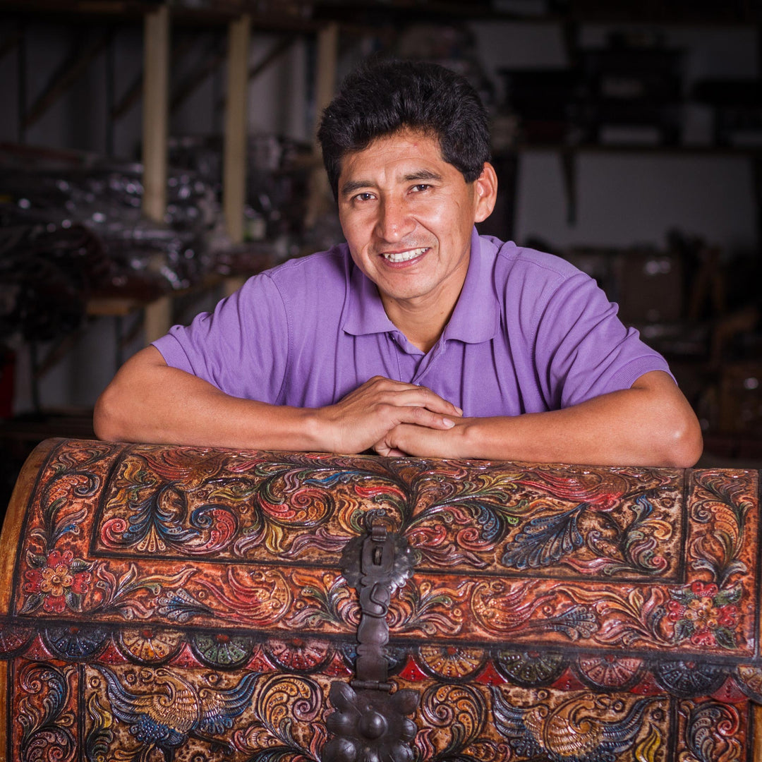 Hand Tooled Leather and Mohena Wood Magazine Rack - Songbirds