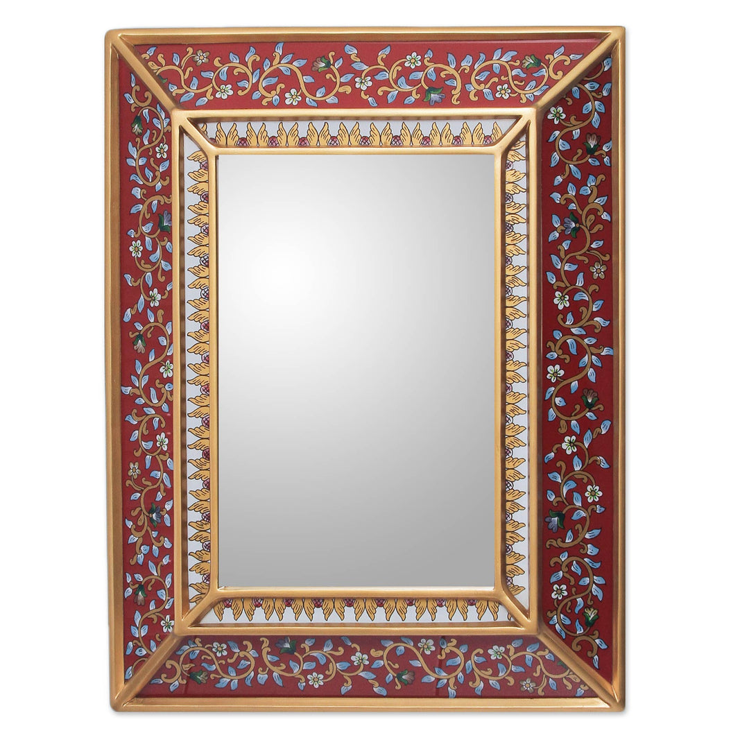 Fair Trade Reverse Painted Glass Mirror - Bluebells on Scarlet