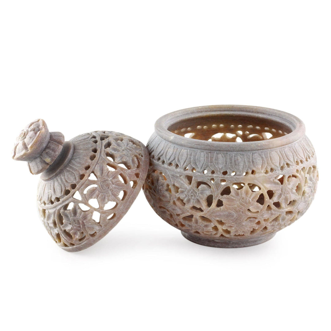 Hand Carved Soapstone Decorative Jar from India - Ivy and Lace
