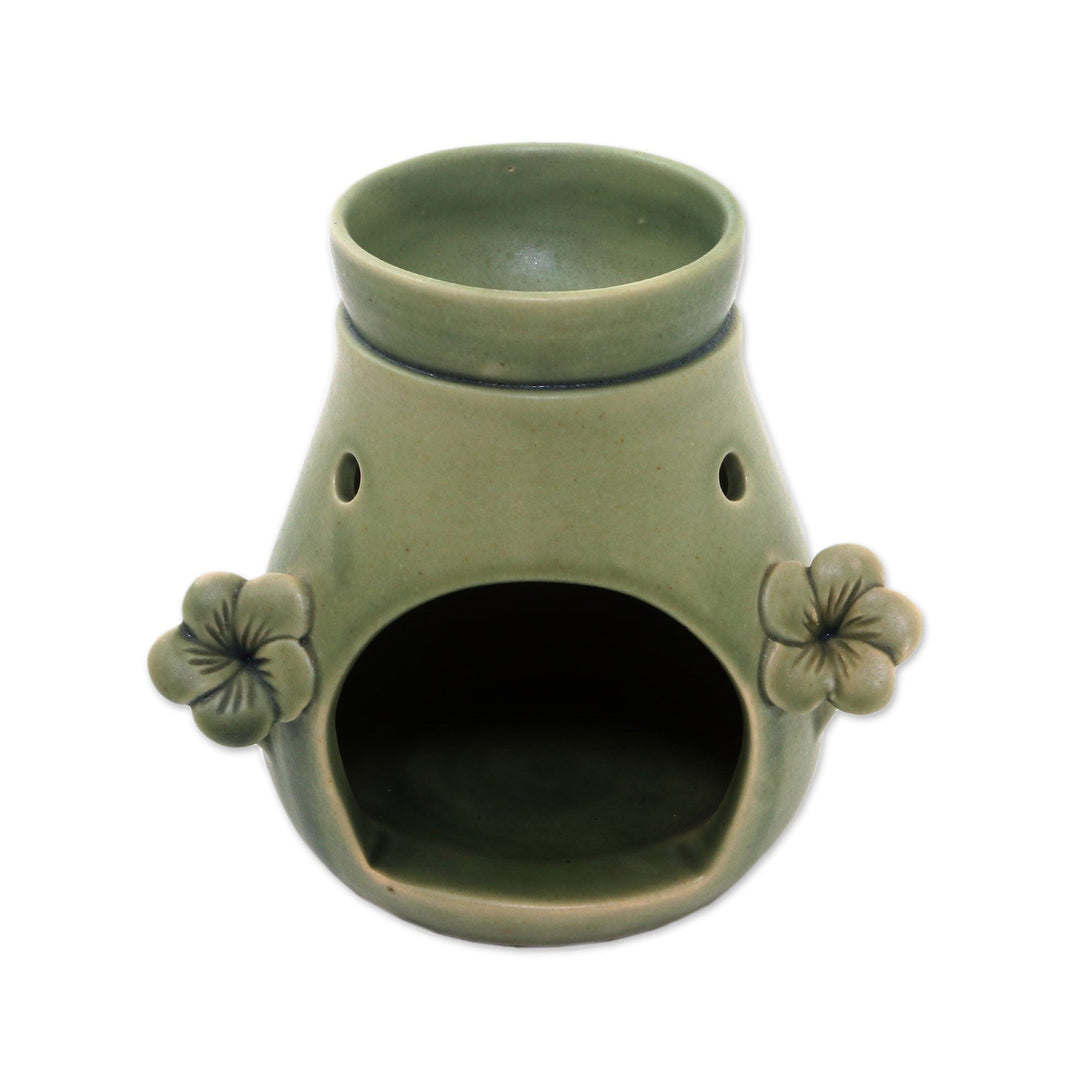 Handcrafted Green Floral Ceramic Oil Warmer from Bali - Frangipani Dreams