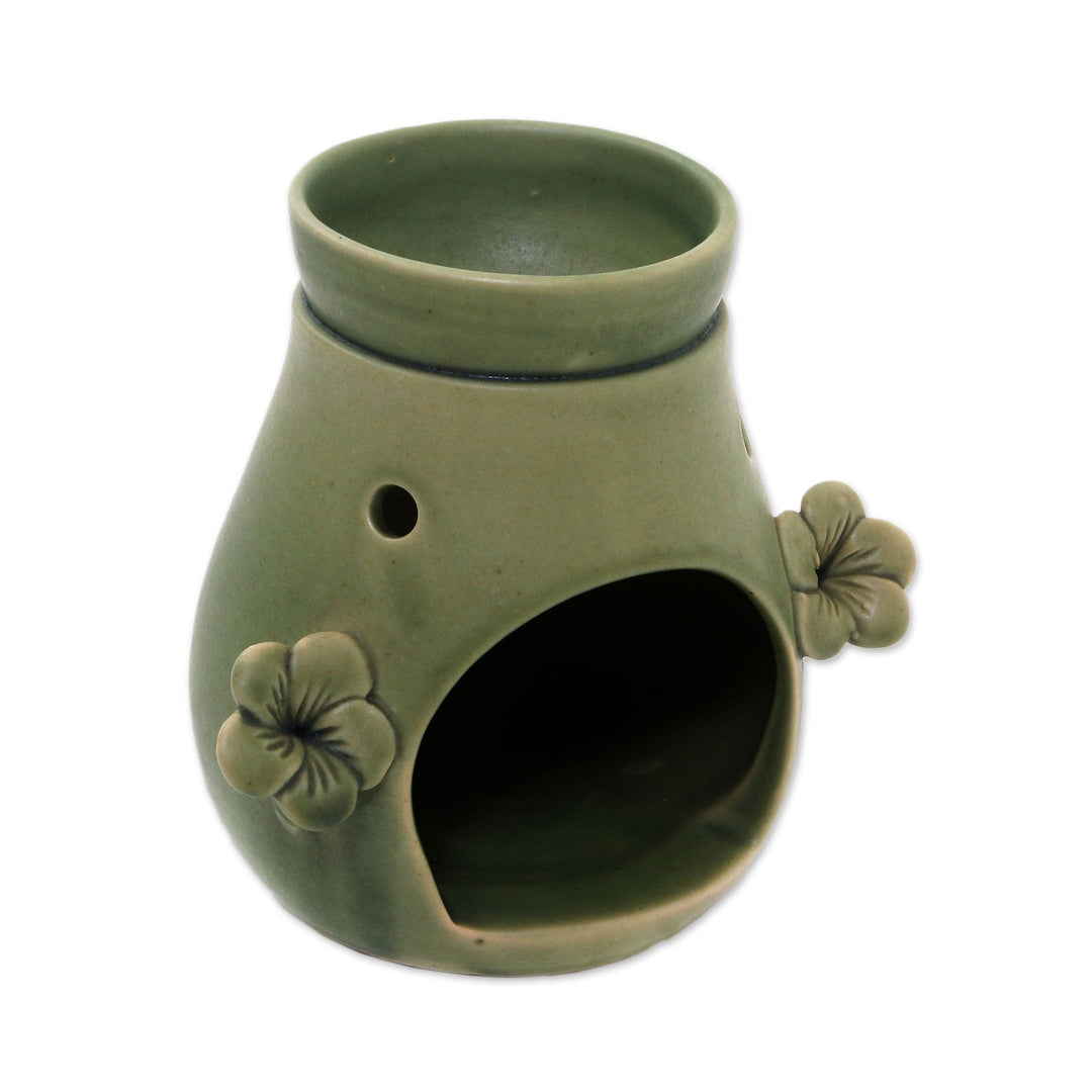 Handcrafted Green Floral Ceramic Oil Warmer from Bali - Frangipani Dreams