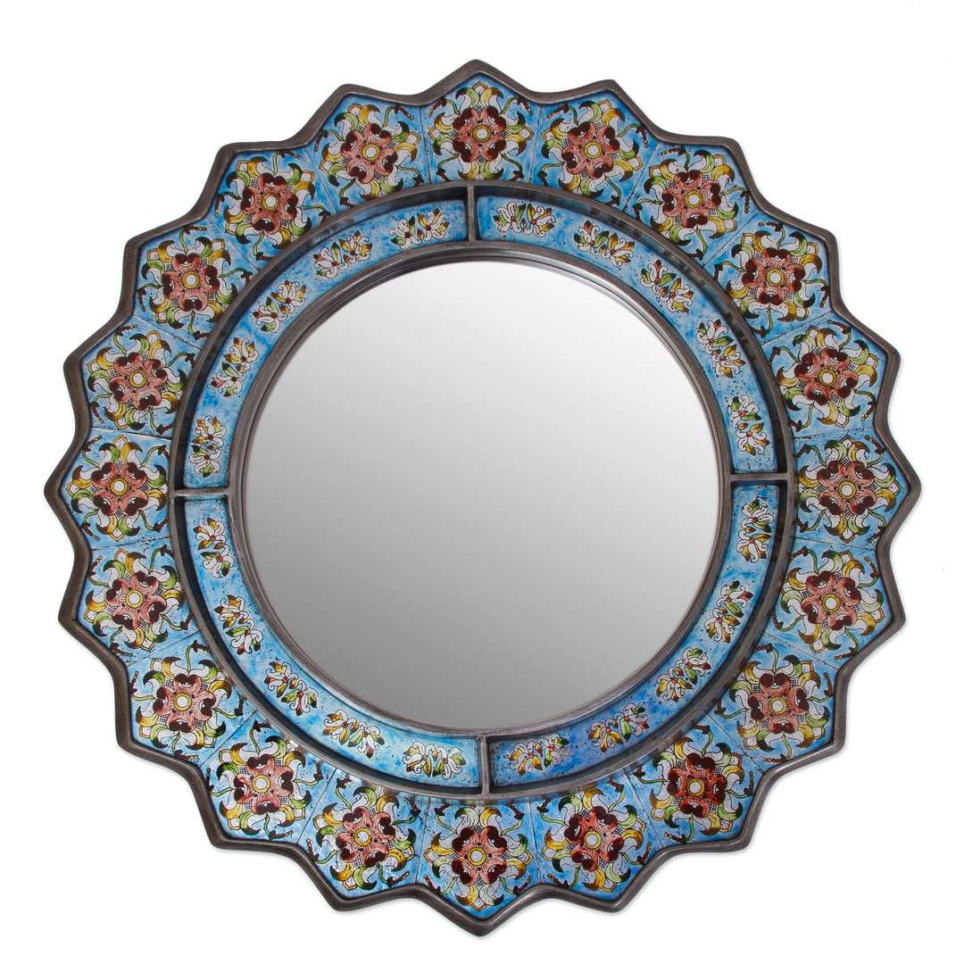 Reverse Painted Glass Floral Wall Mirror with Bluebells - Bluebells
