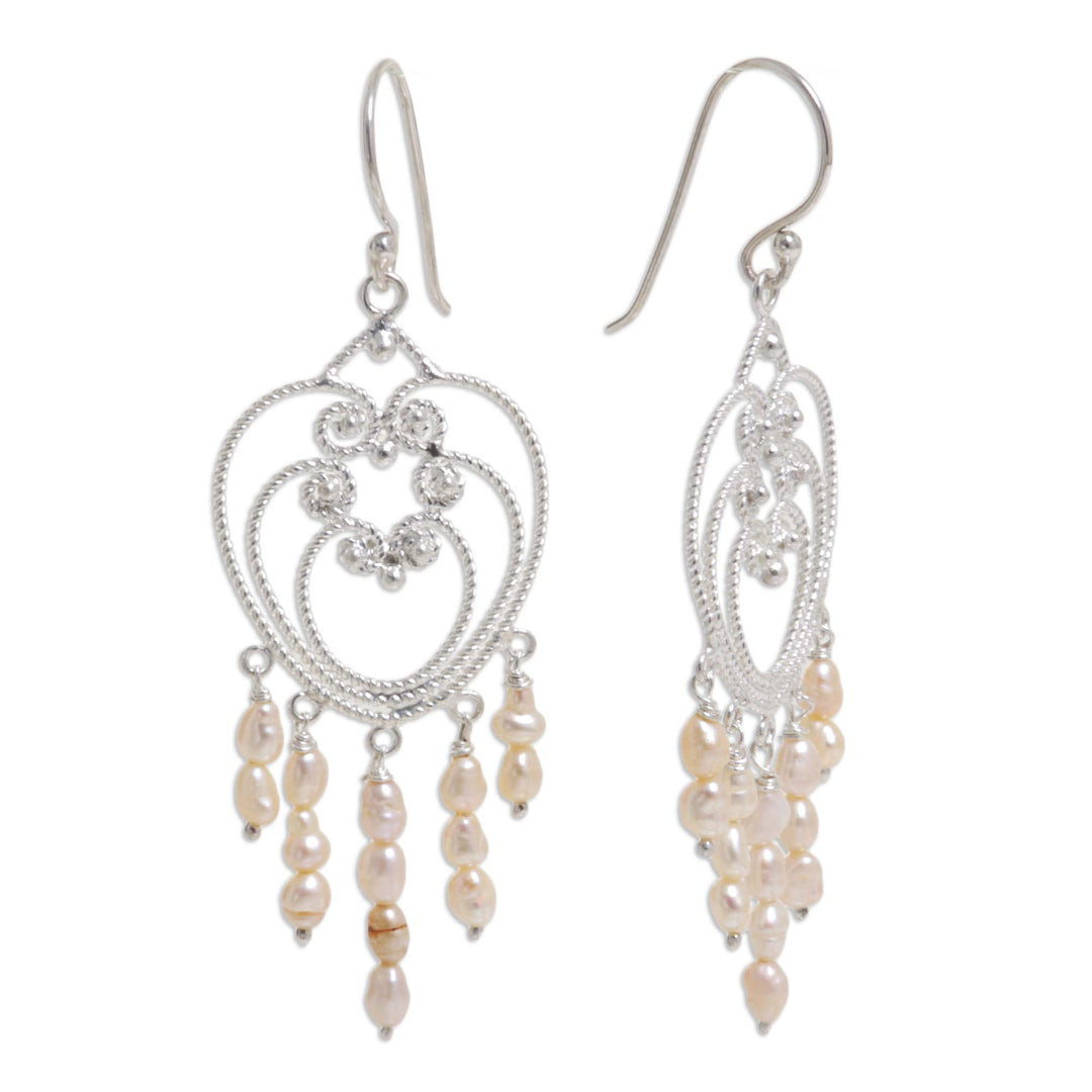 Heart Shaped Sterling Silver Pearl Chandelier Earrings - Rose Romance