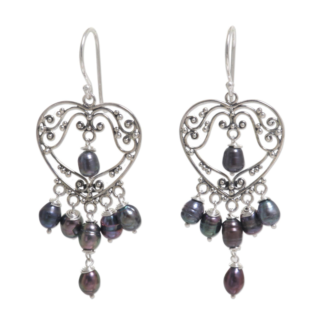 Sterling Silver Pearl Heart Shaped Earrings - Heart Symphony in Black