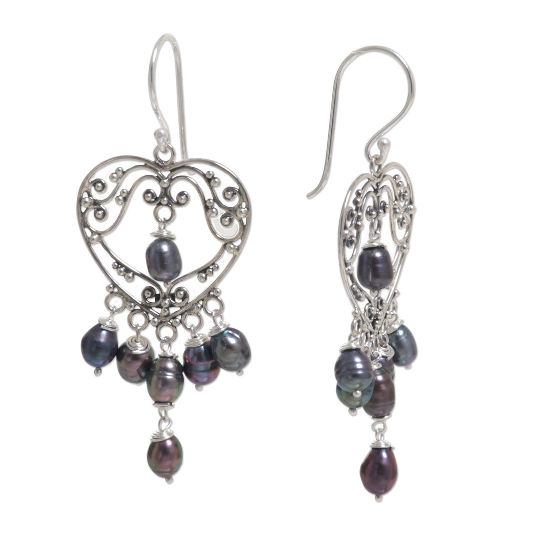 Sterling Silver Pearl Heart Shaped Earrings - Heart Symphony in Black