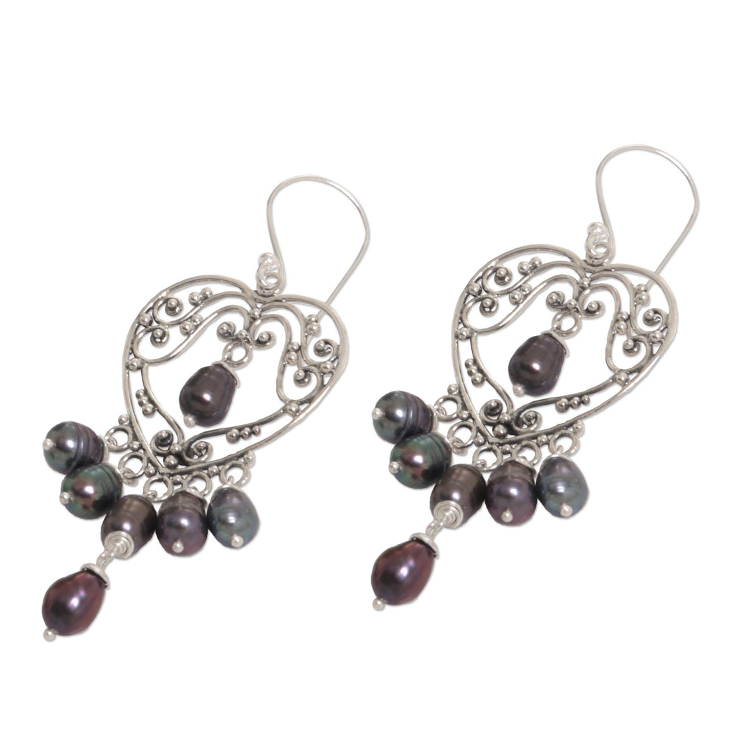 Sterling Silver Pearl Heart Shaped Earrings - Heart Symphony in Black