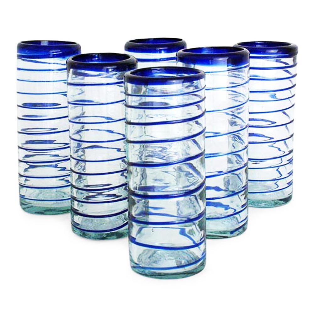 Hand Blown Drinking Glasses Blue Accent Set of 6 - Cobalt Spiral