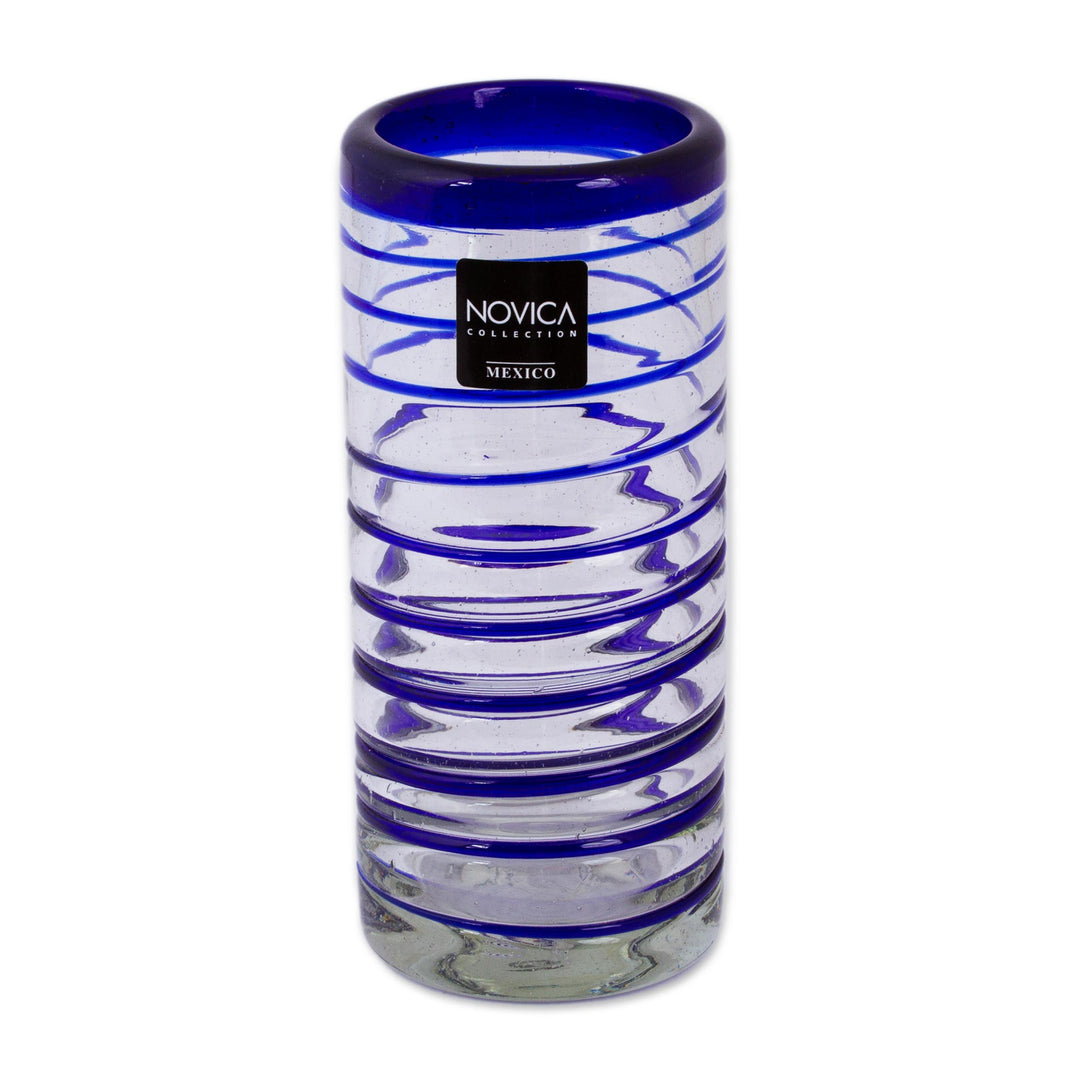 Hand Blown Drinking Glasses Blue Accent Set of 6 - Cobalt Spiral