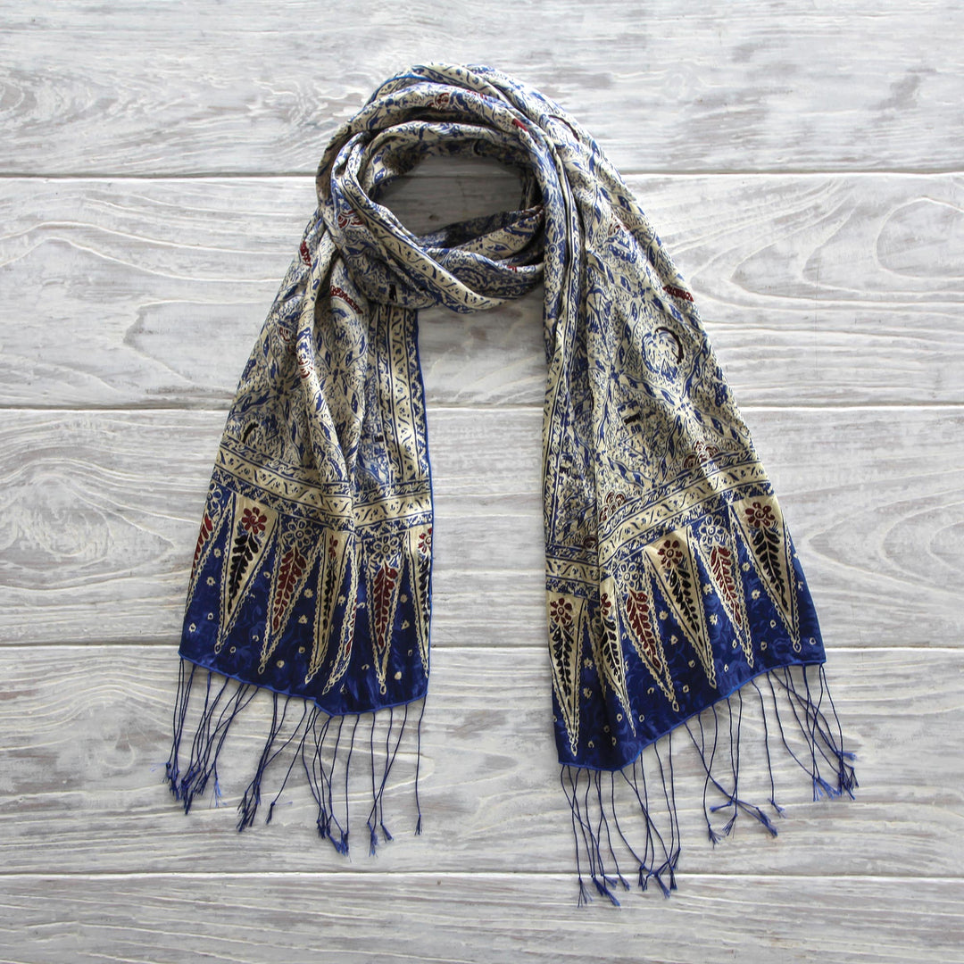 Handmade Silk Batik Scarf from Indonesia - Royal Java Blue