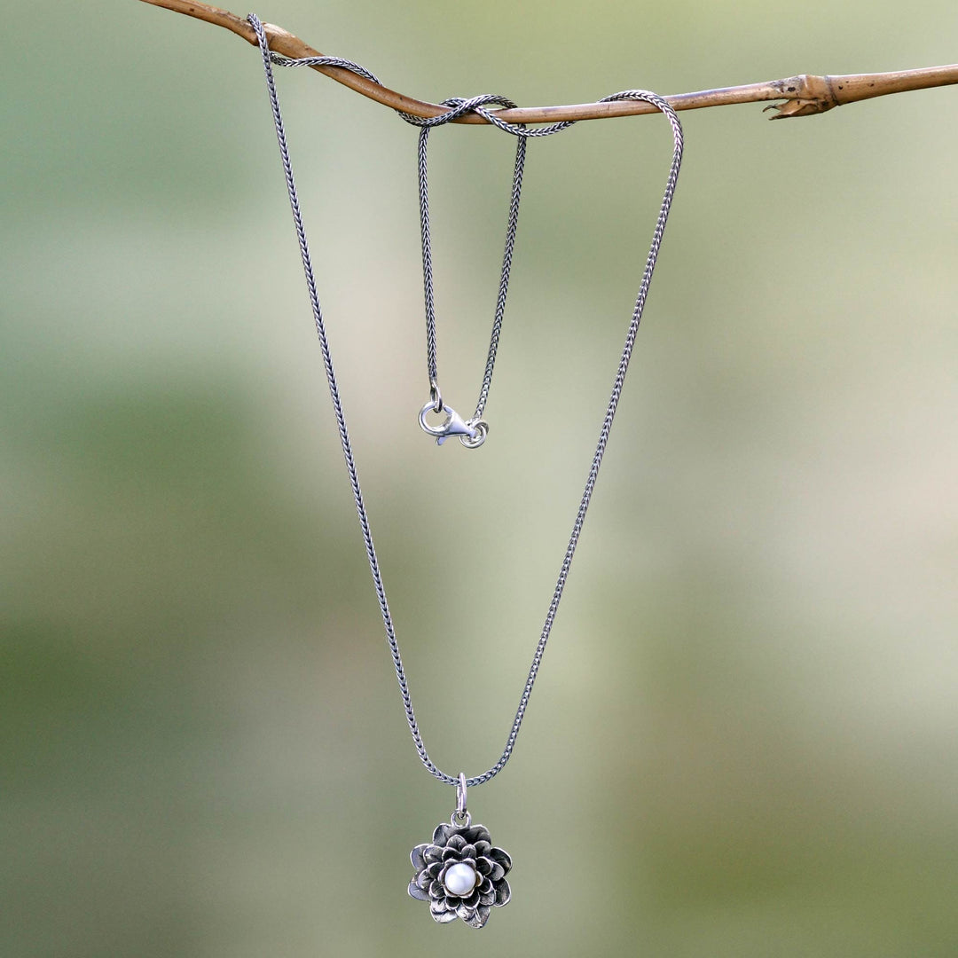 Sterling Silver and Pearl Pendant Necklace - Sacred White Lotus