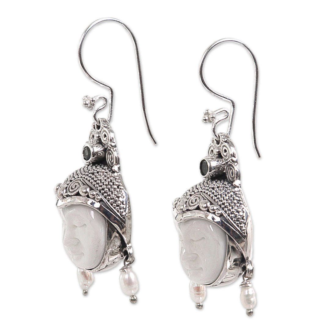 Pearl and Peridot Carved Bone Earrings - Day Dreamers
