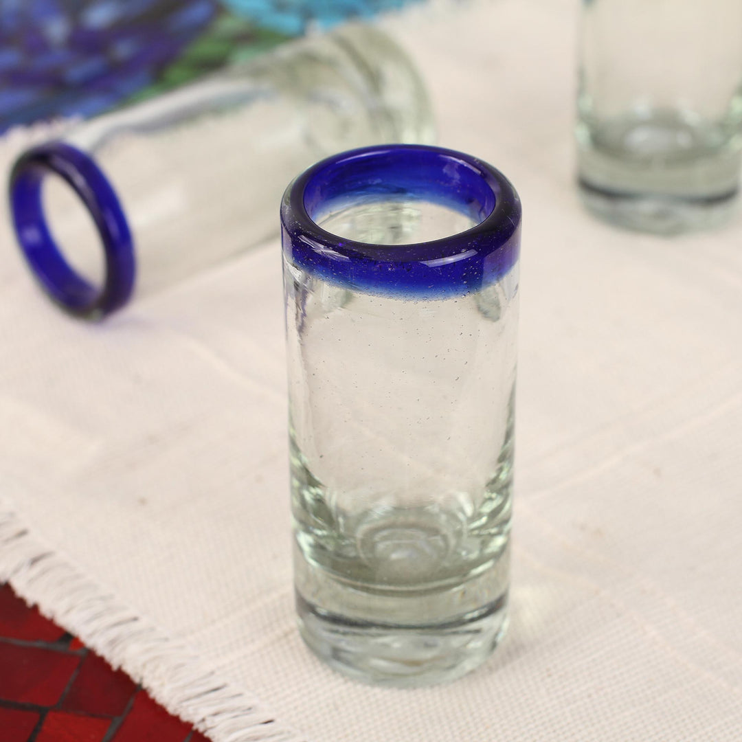 Handblown Recycled Glass Blue Rim Shot Glasses (set of 6) - Cobalt Classics