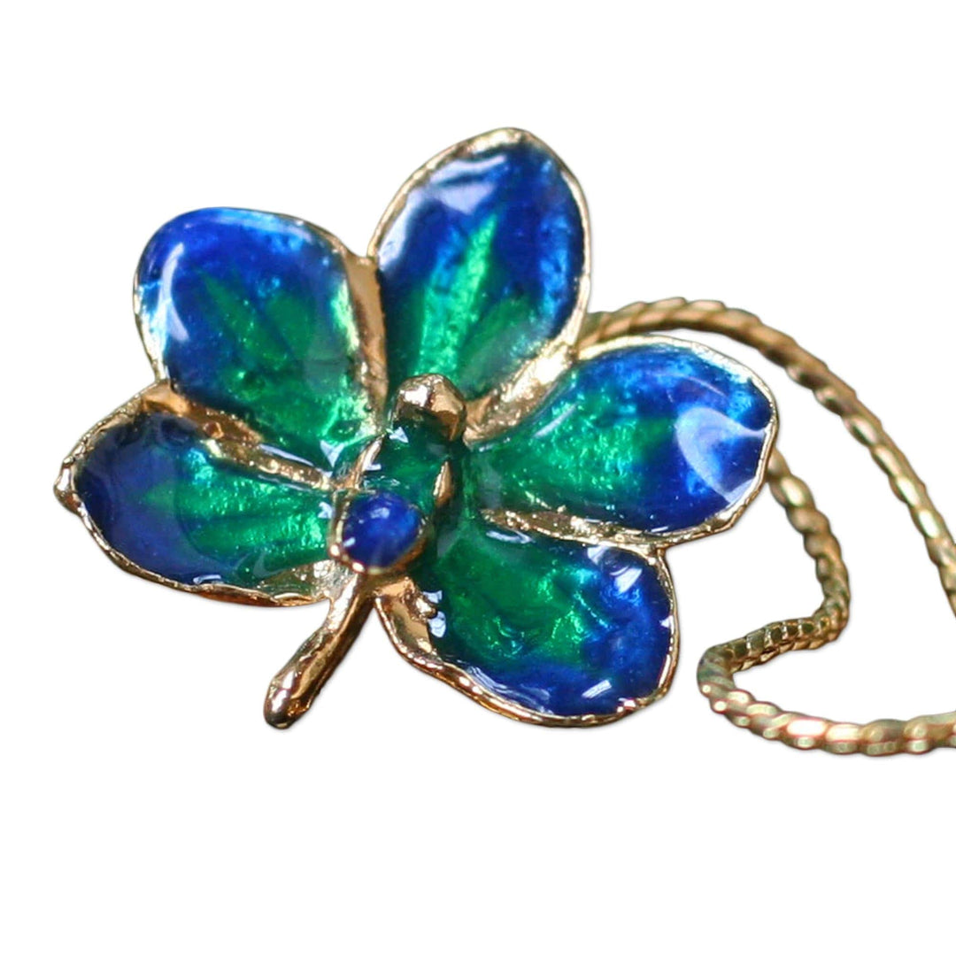 Fair Trade Gold Plated Natural Orchid Pendant Necklace - Aqua Perfection