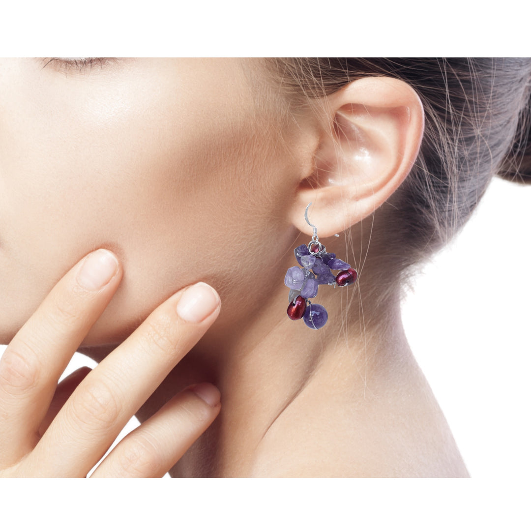 Fair Trade Amethyst and Pearl Cluster Earrings - Jungle Orchid