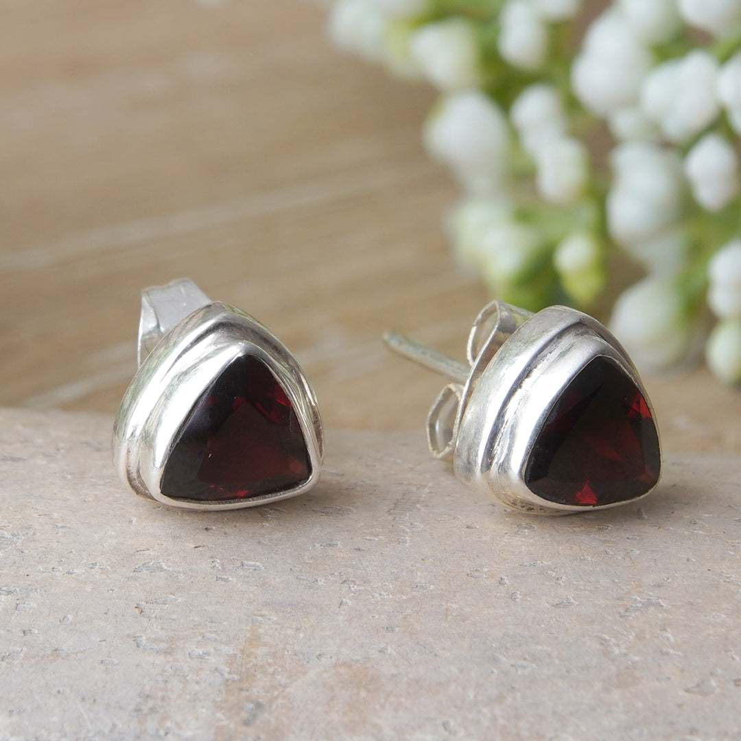 Sterling Silver Garnet Stud Earrings - Crimson Trinity