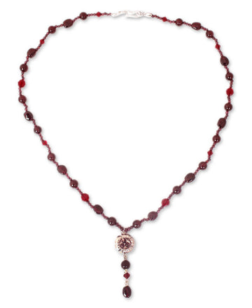 Thai Hand Crafted Beaded Silver and Garnet Necklace - Flower Fantasy