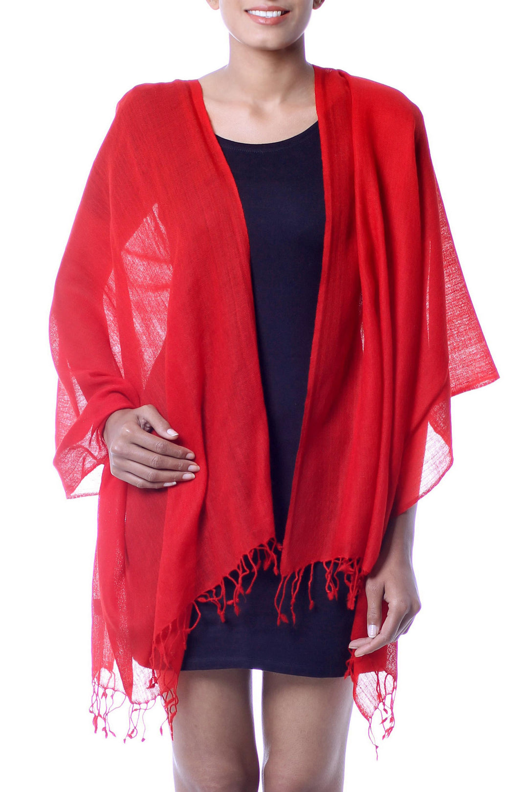 Bright Red 100% Wool Shawl Hand Woven in India - Romance in Red