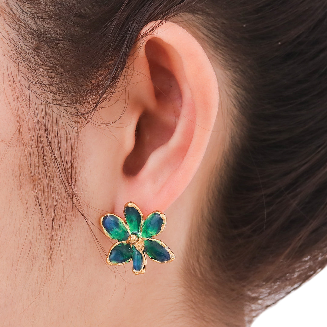 Natural orchid gold-plated flower earrings - Aqua Perfection
