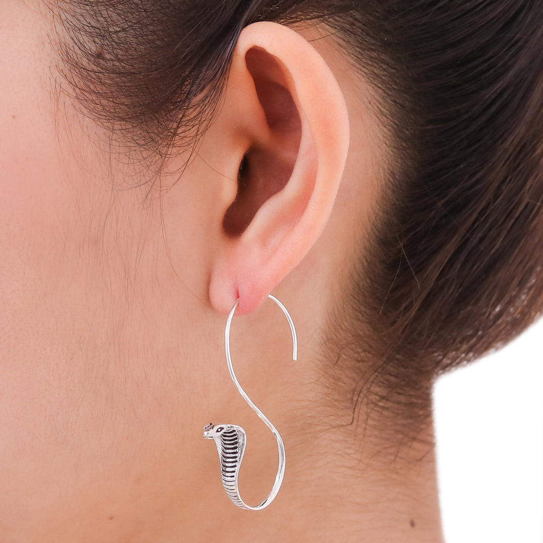 Sterling Silver Snake Earrings - Cobra Guardian