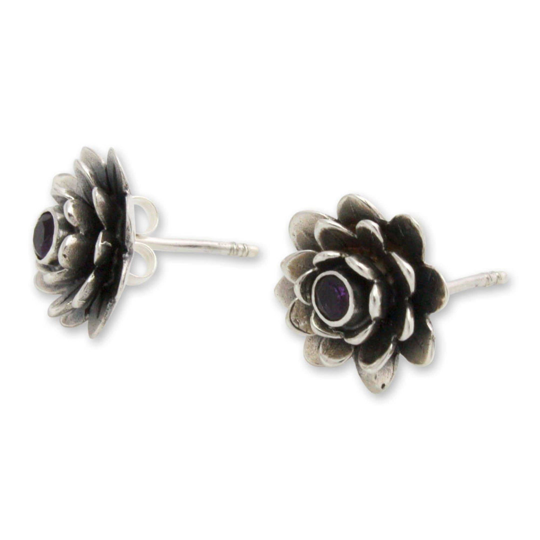 Artisan Crafted Floral Amethyst Button Earrings - Lilac-Eyed Lotus