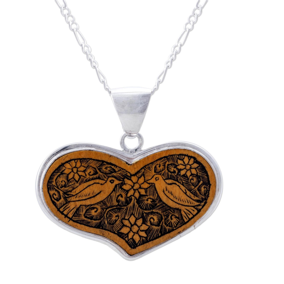 Peruvian Heart Shaped Mate Gourd Pendant Bird Necklace - Lovebird Romance