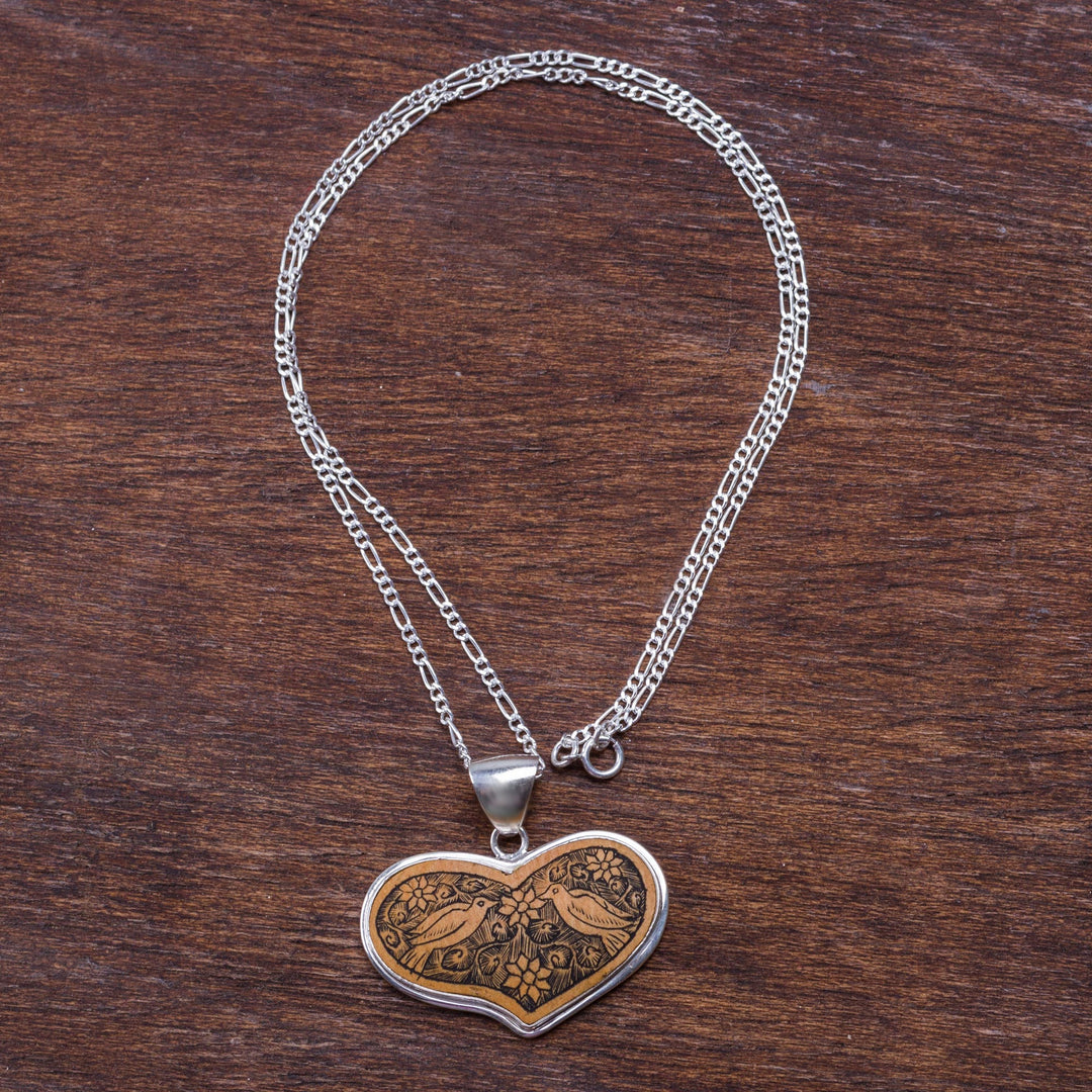 Peruvian Heart Shaped Mate Gourd Pendant Bird Necklace - Lovebird Romance