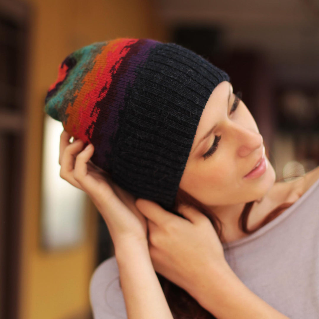 Handmade Alpaca Wool Striped Hat from Peru - Andean Twilight