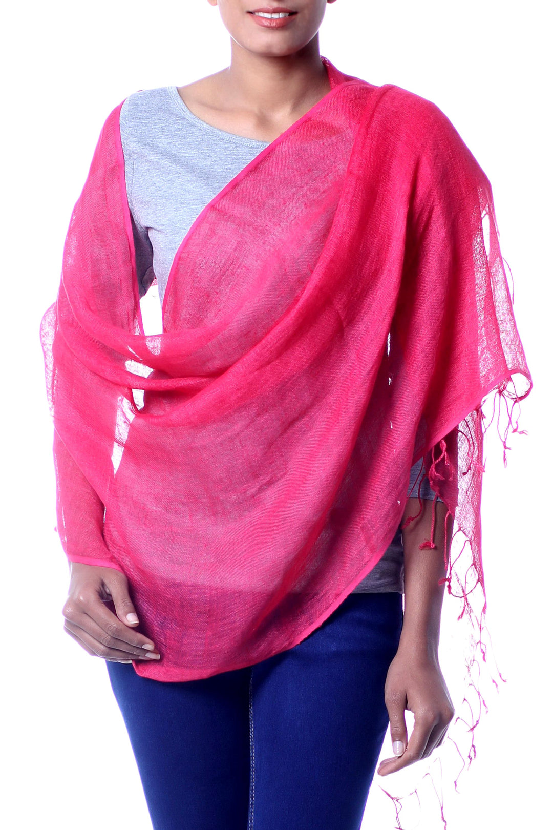 Handcrafted Linen Shawl Wrap from India - Sheer Hot Pink