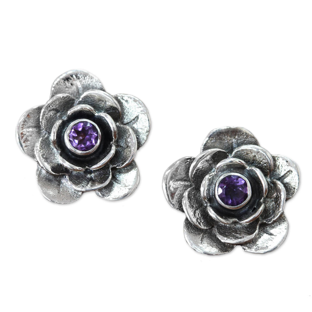 Handmade Floral Sterling Silver and Amethyst Button Earrings - Camellia