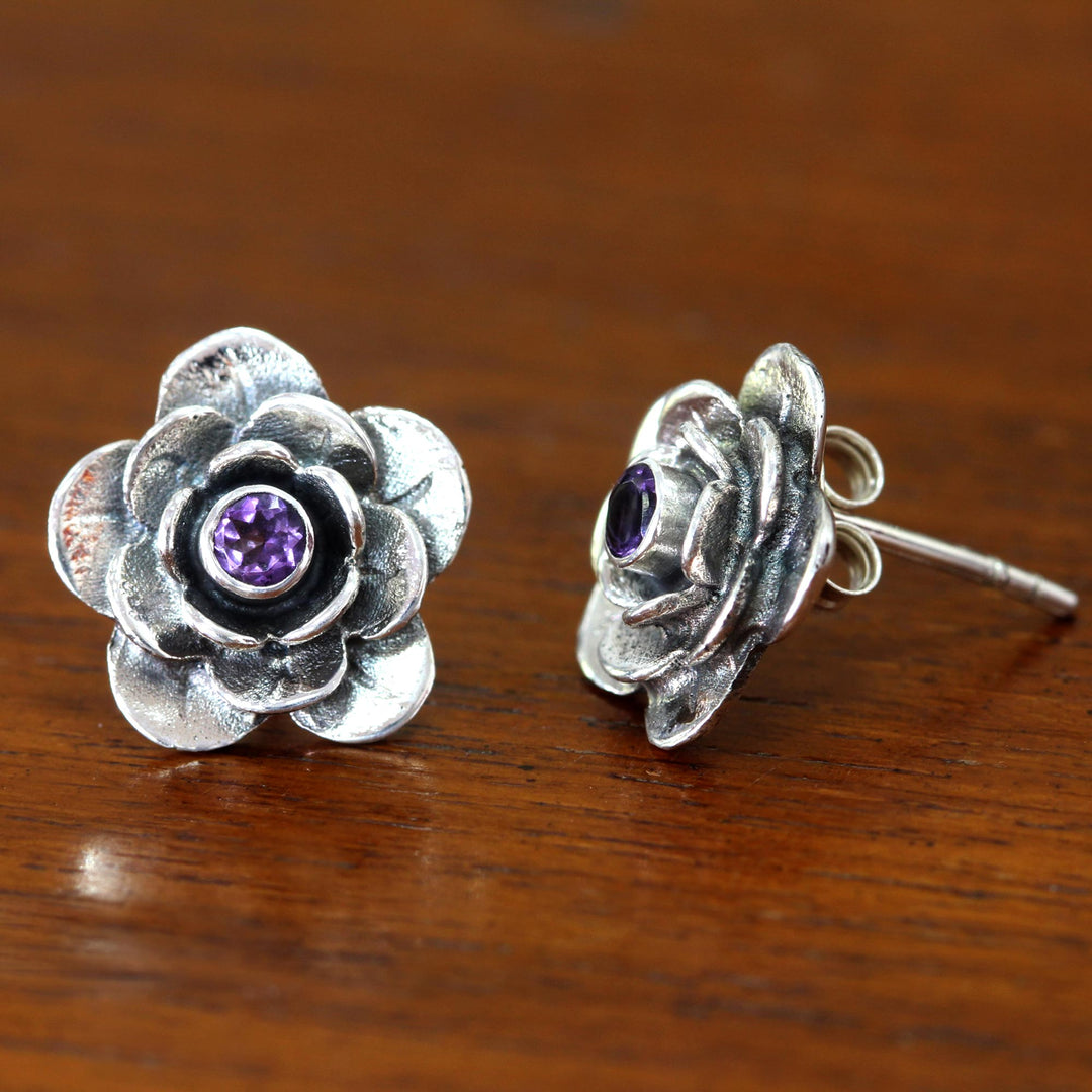Handmade Floral Sterling Silver and Amethyst Button Earrings - Camellia