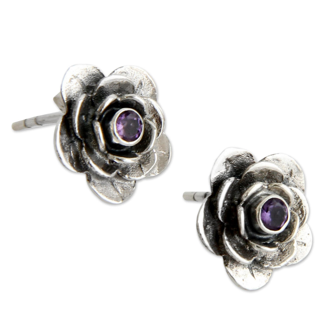 Handmade Floral Sterling Silver and Amethyst Button Earrings - Camellia