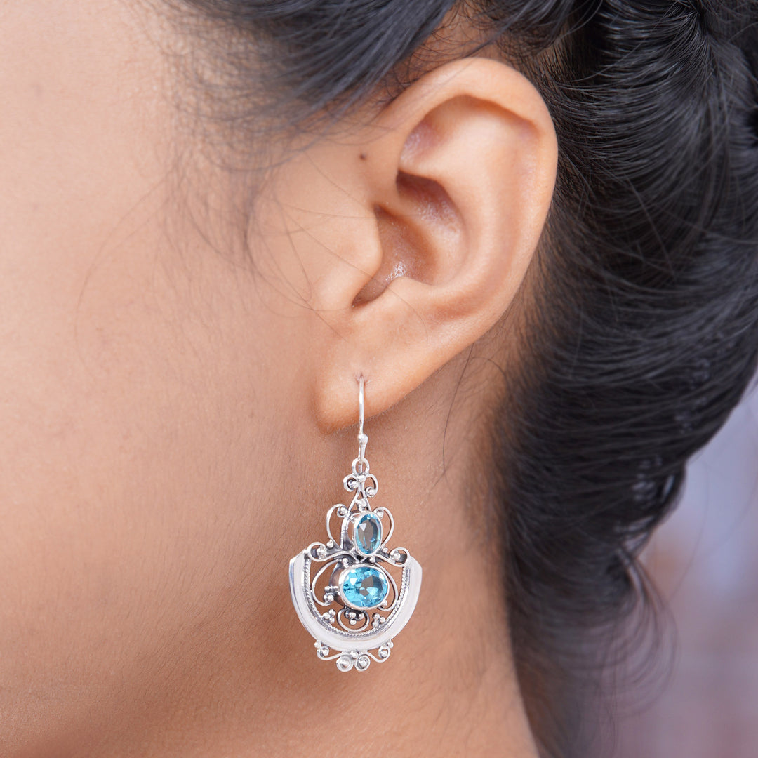 Handcrafted Blue Topaz and Silver Dangle Earrings - Balinese Goddess