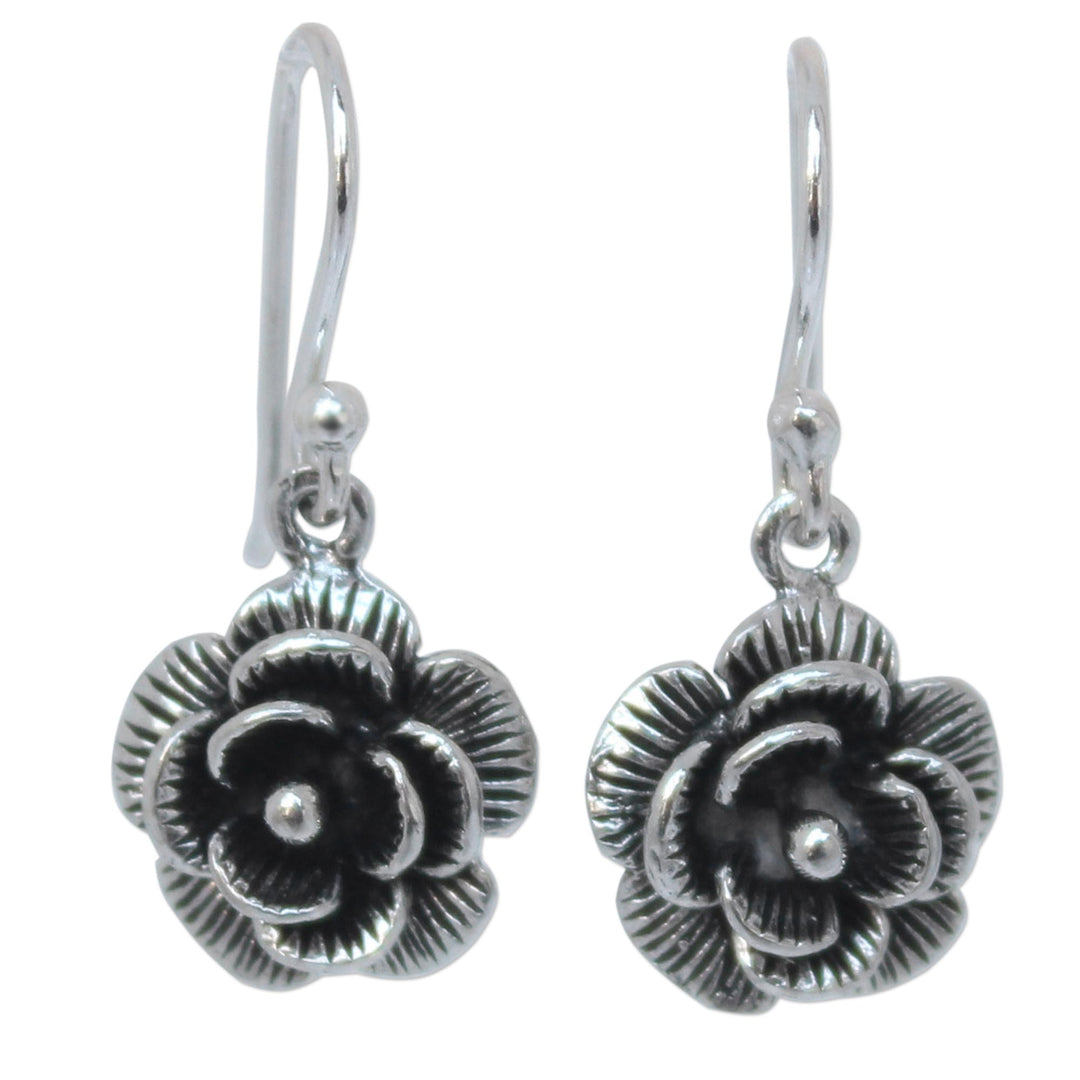 Thai Floral Sterling Silver Dangle Earrings - Loy Kratong Rose