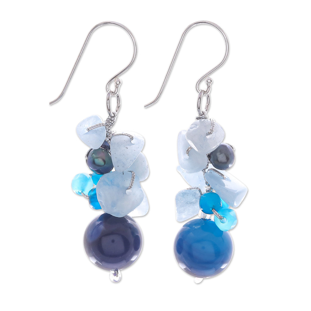 Unique Pearl and Aquamarine Cluster Earrings - Blue Love
