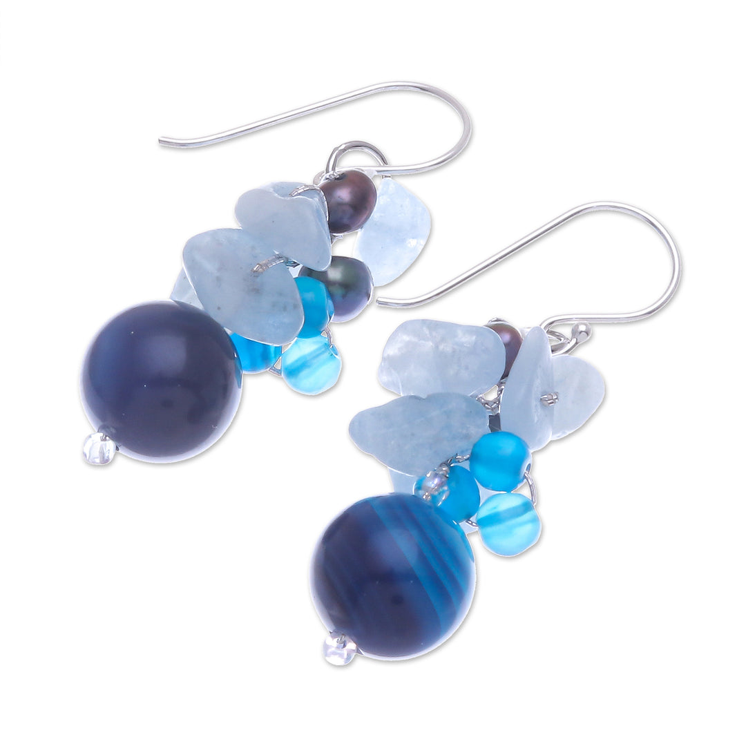 Unique Pearl and Aquamarine Cluster Earrings - Blue Love