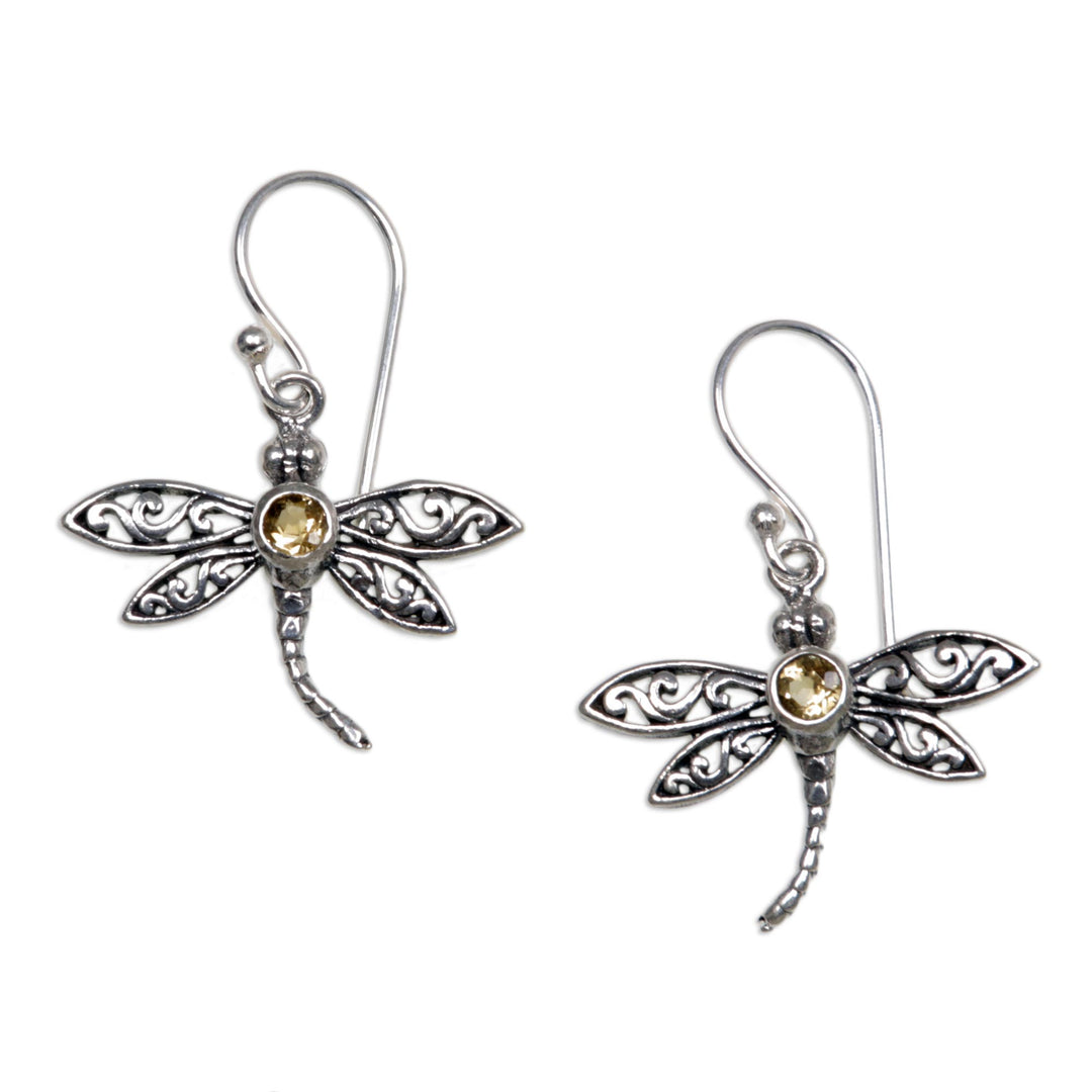 Sterling Silver Citrine Dangle Earrings - Enchanted Dragonfly