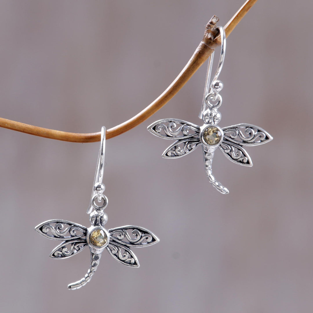 Sterling Silver Citrine Dangle Earrings - Enchanted Dragonfly
