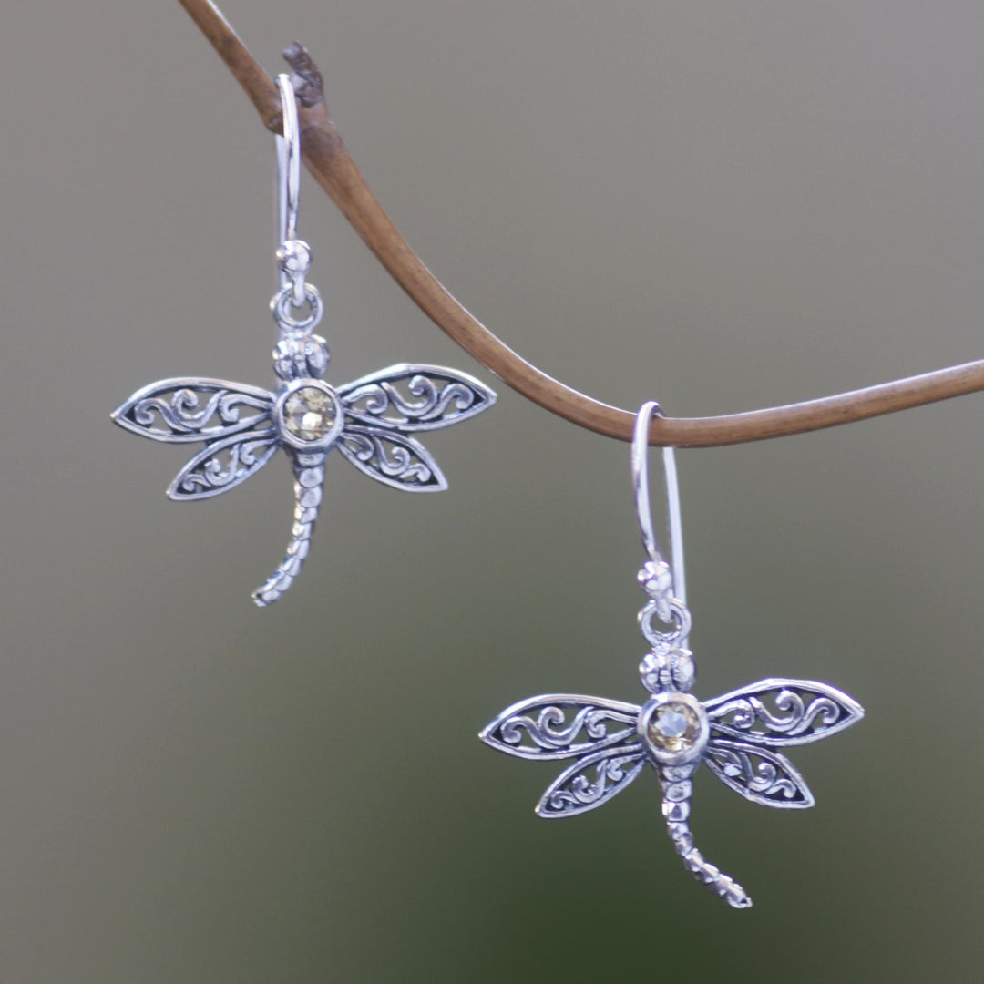 Sterling Silver Citrine Dangle Earrings - Enchanted Dragonfly