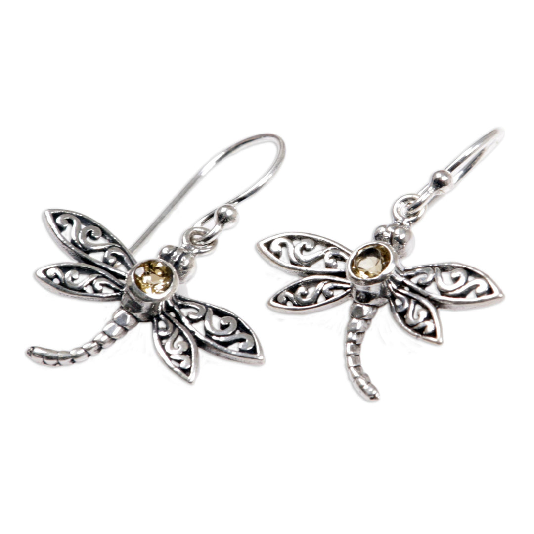 Sterling Silver Citrine Dangle Earrings - Enchanted Dragonfly