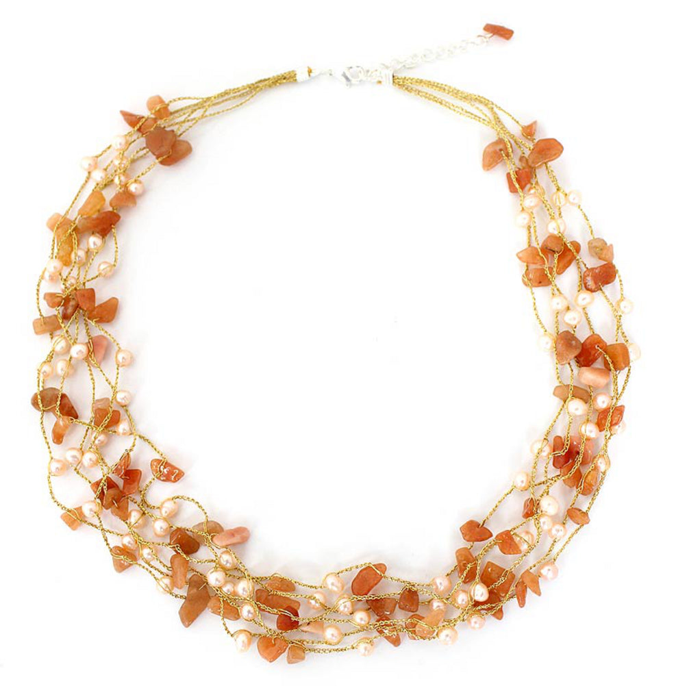 Hand Crafted Beaded Aventurine and Pearl Necklace - Afternoon Glow