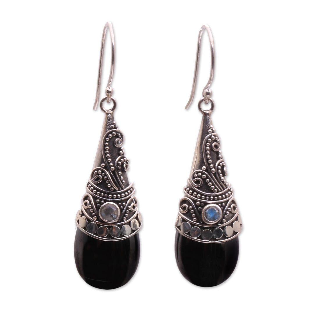 Hematite and Rainbow Moonstone Silver Earrings - Bali Mystique