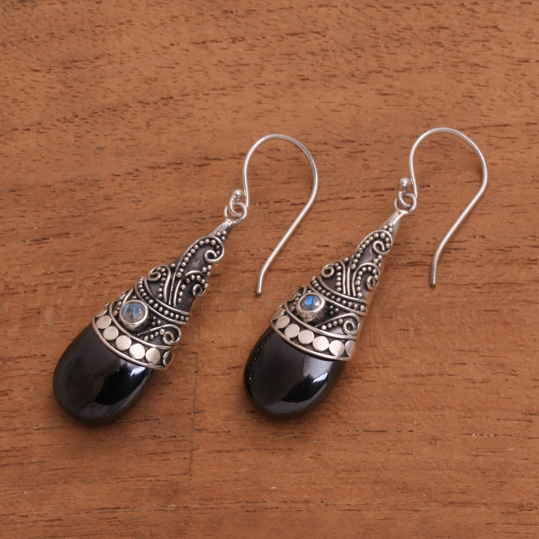 Hematite and Rainbow Moonstone Silver Earrings - Bali Mystique