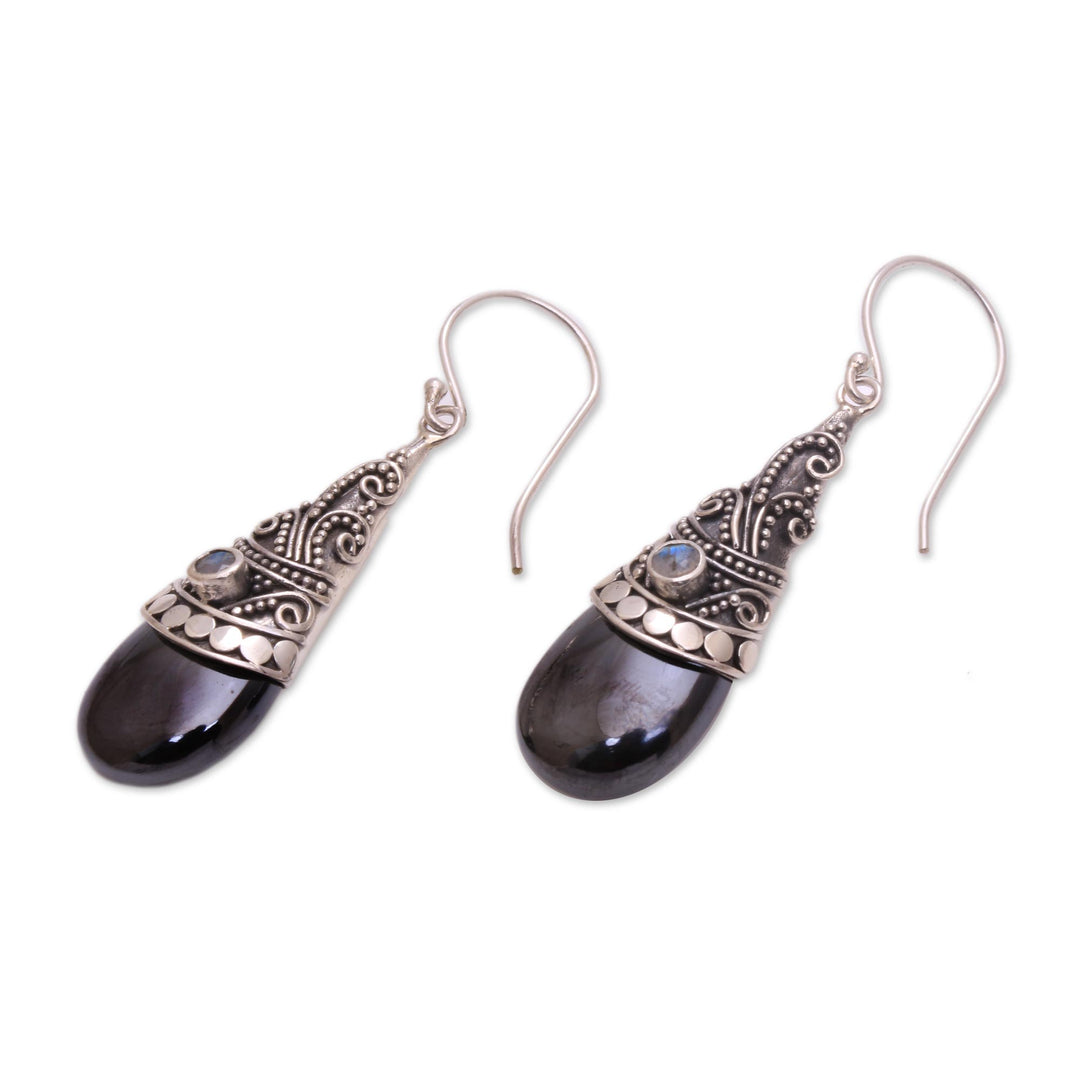 Hematite and Rainbow Moonstone Silver Earrings - Bali Mystique