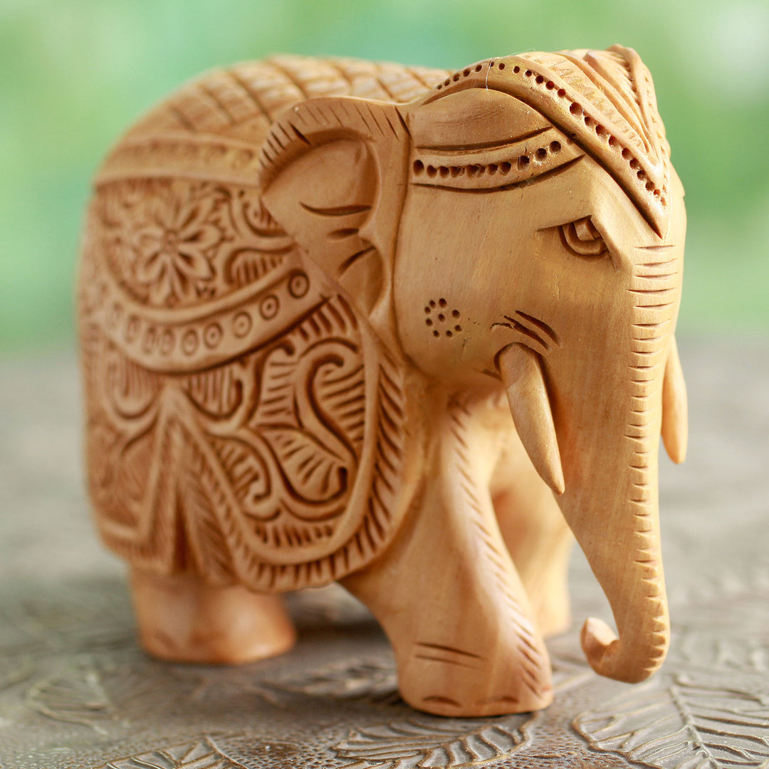 Wood Elephant Sculpture Hand Carved in India (4 Inch) - Majestic Elephant